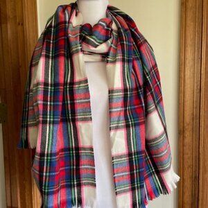 GAP Oversized Cozy Frayed Soft Red Green Plaid Scarf @ 83" x 25"